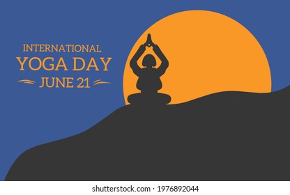 Vector illustration, silhouette of young girl doing yoga meditation, on sunset background, as a banner, poster or template for International Yoga Day.