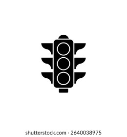Vector illustration of a silhouetted black traffic light. The light has three illuminated circles in a vertical line. The overall shape is boxy with small wings.