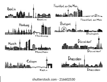 Vector illustration of silhouettes of 8 cities of Germany - Berlin, Frankfort on the Main, Hamburg, Stuttgart, Dusseldorf, Munich, Dresden, Cologne svg