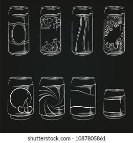 Vector illustration of silhouettes of aluminum cans of differen sizes with various labels drawn with chalk on a blackboard.