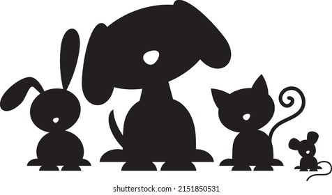 Vector illustration of silhouettes of animals: dog, cat, rabbit and rodent mouse, pets, can be used for Zoo, pet store or for veterinary clinic.