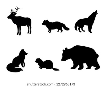 Vector illustration of silhouettes of animals of the tundra