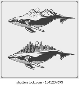 Vector illustration and silhouettes of beautiful fairy fantastic whales. Ecology emblems design.