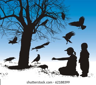 Vector illustration silhouettes of birds who are fed in winter children