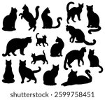 Vector illustration. Silhouettes of black cats. Set of animal stickers. Large set.	