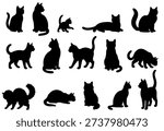 Vector illustration. Silhouettes of black cats. Set of animal stickers. Large set.	