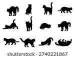 Vector illustration. Silhouettes of black cats. Set of animal stickers. Large set.	
