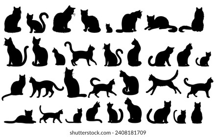 Vector illustration. Silhouettes of black cats. Set of animal stickers. Large set.