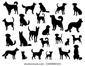 Vector illustration. Silhouettes of black cats. Set of animal stickers. Large set.