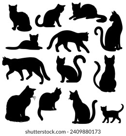 Vector illustration. Silhouettes of black cats. Set of animal stickers. Large set.