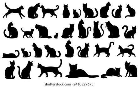 Vector illustration. Silhouettes of black cats. Set of animal stickers. Large set.