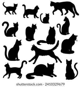 Vector illustration. Silhouettes of black cats. Set of animal stickers. Large set.