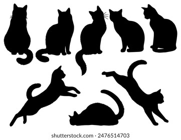Vector illustration. Silhouettes of black cats. Set of animal stickers. Large set