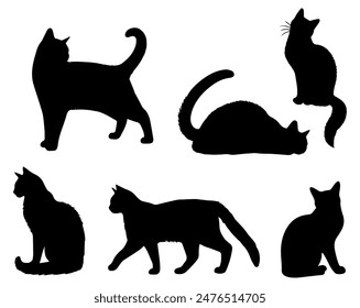 Vector illustration. Silhouettes of black cats. Set of animal stickers. Large set