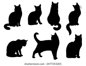 Vector illustration. Silhouettes of black cats. Set of animal stickers. Large set.	