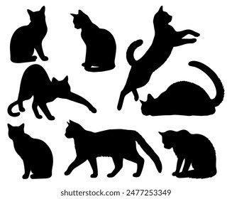 Vector illustration. Silhouettes of black cats. Set of animal stickers. Large set