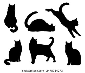 Vector illustration. Silhouettes of black cats. Set of animal stickers. Large set