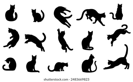 Vector illustration. Silhouettes of black cats. Set of animal stickers. Large set.	