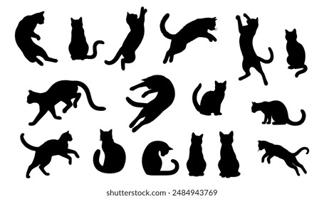 Vector illustration. Silhouettes of black cats. Set of animal stickers. Large set.	