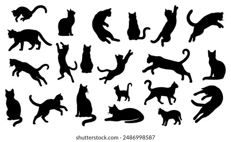 Vector illustration. Silhouettes of black cats. Set of animal stickers. Large set.	