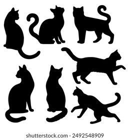 Vector illustration. Silhouettes of black cats. Set of animal stickers. Large set.	