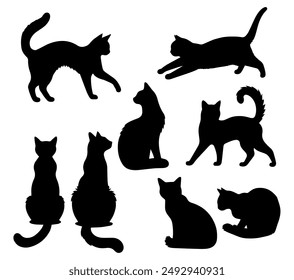 Vector illustration. Silhouettes of black cats. Set of animal stickers. Large set.	