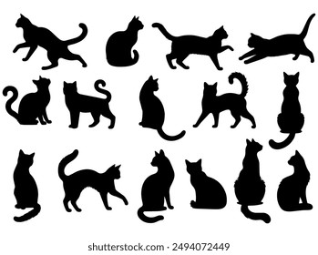 Vector illustration. Silhouettes of black cats. Set of animal stickers. Large set.	