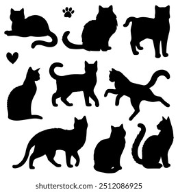 Vector illustration. Silhouettes of black cats. Set of animal stickers. Large set.	
