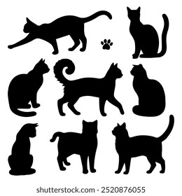 Vector illustration. Silhouettes of black cats. Set of animal stickers. Large set.