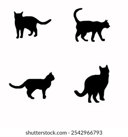 Ilustración vectorial. Siluetas de gatos negros. Conjunto de pegatinas de animales. Grande set. Un gato negro con un fondo blanco con un gato negro en él, colección de los gatos - silueta del Vector