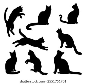 Vector illustration. Silhouettes of black cats. Set of animal stickers. Large set.	