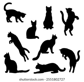 Vector illustration. Silhouettes of black cats. Set of animal stickers. Large set.	