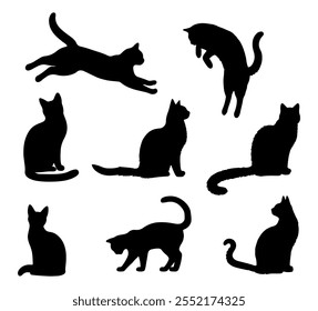 Ilustração vetorial. Silhuetas de gatos pretos. Conjunto de adesivos de animais. Conjunto grande.	