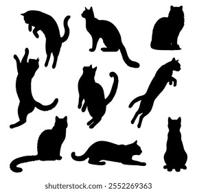 Ilustración vectorial. Siluetas de gatos negros. Conjunto de pegatinas de animales. Grande set.	