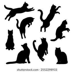 Ilustración vectorial. Siluetas de gatos negros. Conjunto de pegatinas de animales. Grande set.	