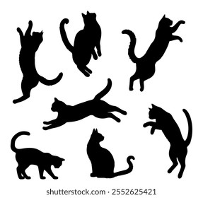 Ilustración vectorial. Siluetas de gatos negros. Conjunto de pegatinas de animales. Grande set.	