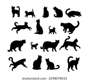 Vector illustration. Silhouettes of black cats. Set of animal stickers. Large set.	