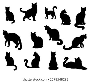 Vector illustration. Silhouettes of black cats. Set of animal stickers. Large set.	