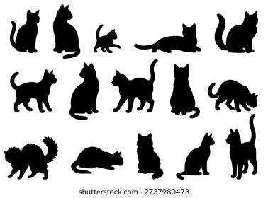 Vector illustration. Silhouettes of black cats. Set of animal stickers. Large set.	