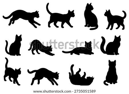 Vector illustration. Silhouettes of black cats. Set of animal stickers. Large set.	