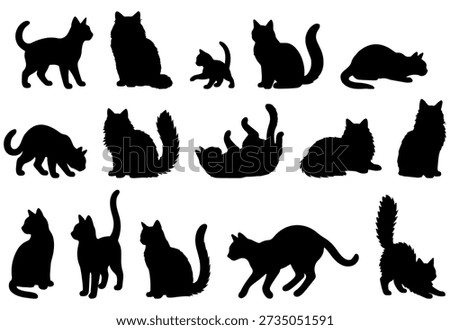Vector illustration. Silhouettes of black cats. Set of animal stickers. Large set.	