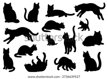 Vector illustration. Silhouettes of black cats. Set of animal stickers. Large set.	