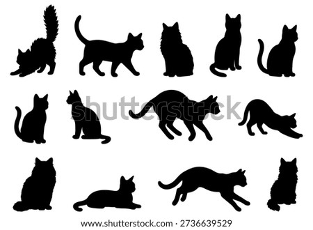 Vector illustration. Silhouettes of black cats. Set of animal stickers. Large set.	