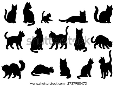 Vector illustration. Silhouettes of black cats. Set of animal stickers. Large set.	