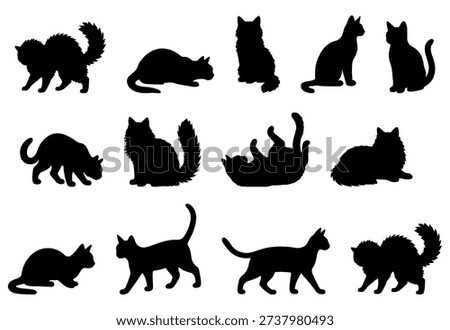 Vector illustration. Silhouettes of black cats. Set of animal stickers. Large set.	