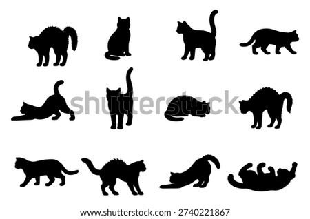 Vector illustration. Silhouettes of black cats. Set of animal stickers. Large set.	
