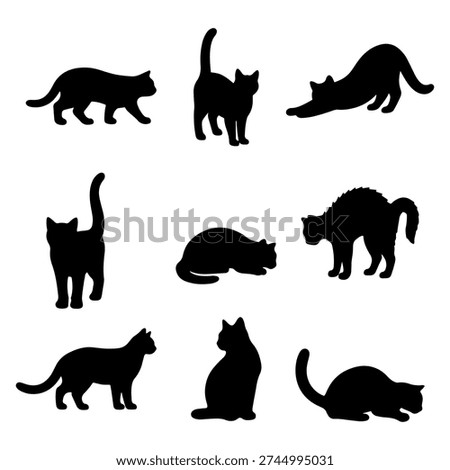 Vector illustration. Silhouettes of black cats. Set of animal stickers. Large set.	
