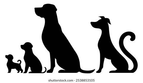 Vector illustration. Silhouettes of black dogs. Set of animal stickers. Large set.