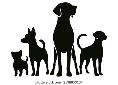 Vector illustration. Silhouettes of black dogs. Set of animal stickers. Large set.