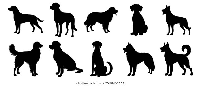 Vector illustration. Silhouettes of black dogs. Set of animal stickers. Large set.